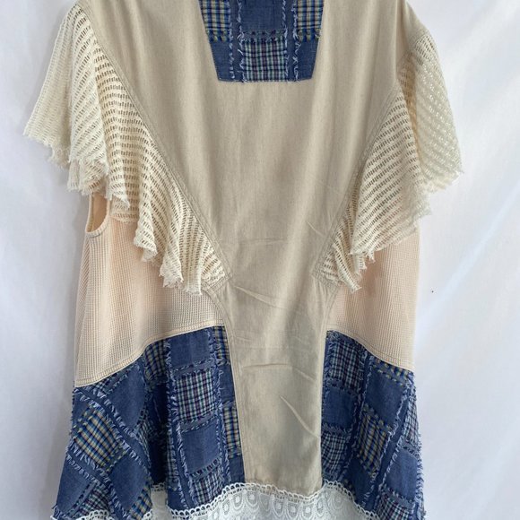 POL Bohemian Lacy White Blue Patchwork Dress Tunic Top NWOT Women's Size Large - Picture 13 of 15